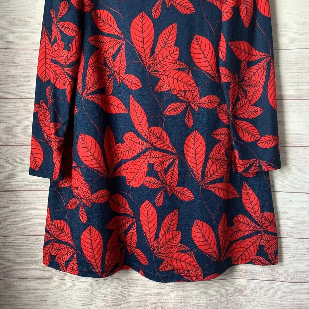 Reborn Navy Blue with Red Leaf Pattern Dress Folded Cowl Neck Fall Leaves XL